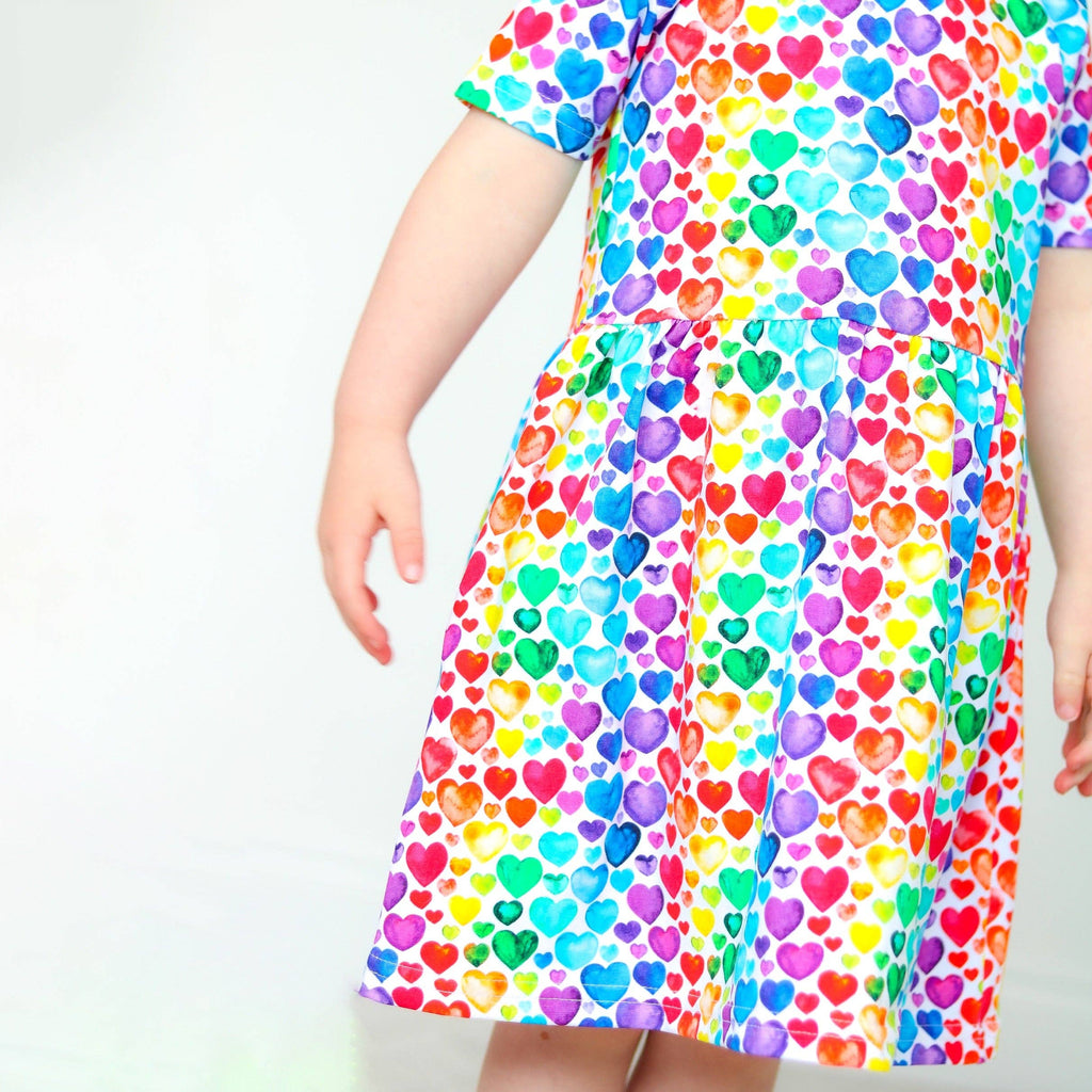 Girls Short Sleeve Cotton Dress -  Rainbow Hearts: 4-5 Y