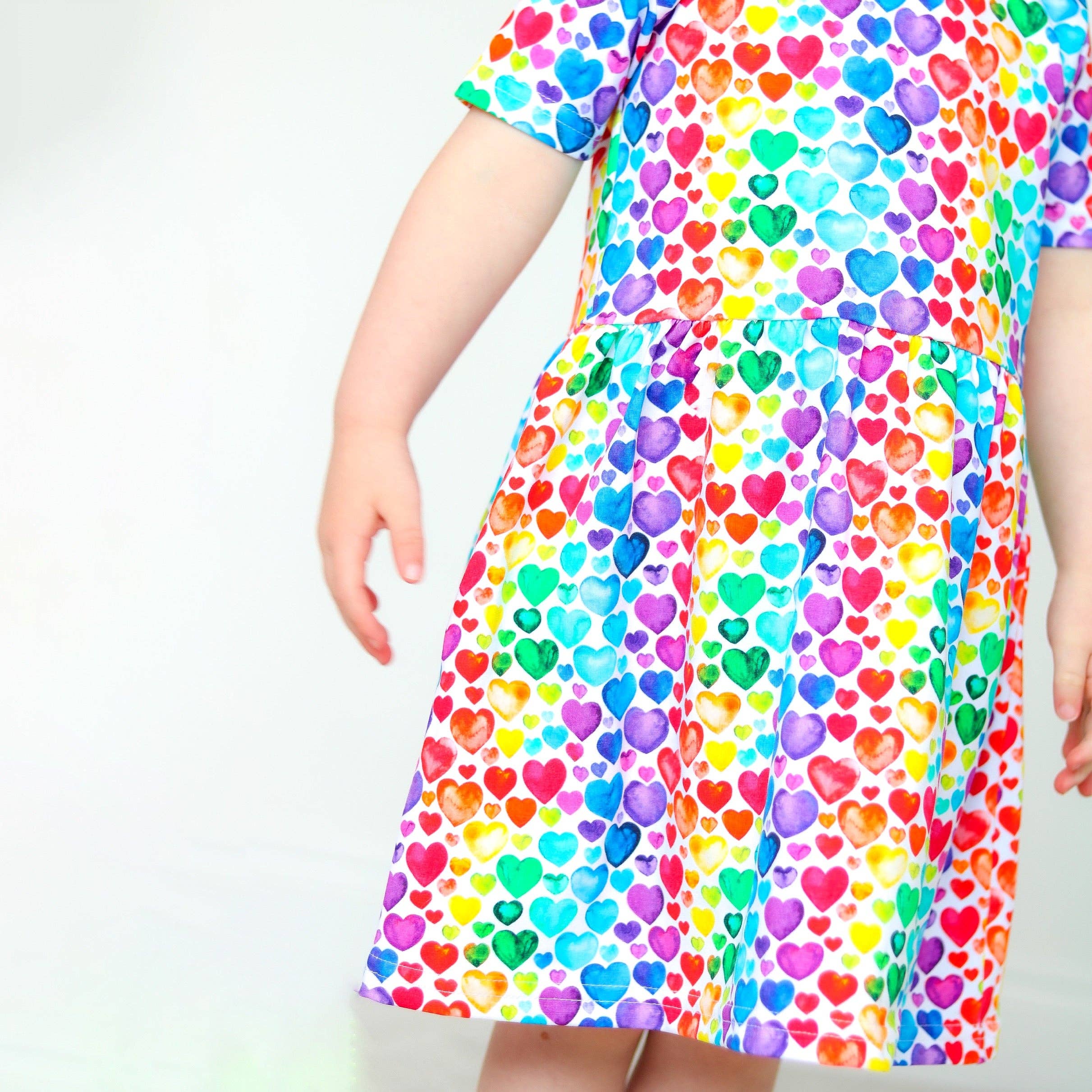 Girls Short Sleeve Cotton Dress -  Rainbow Hearts: 4-5 Y
