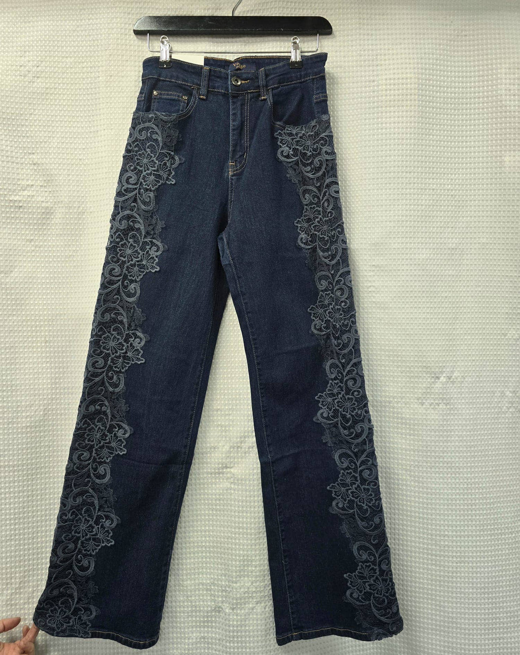 Kurt Muller - Indigo Side Lace Crochet Wide Leg Stretch Jeans