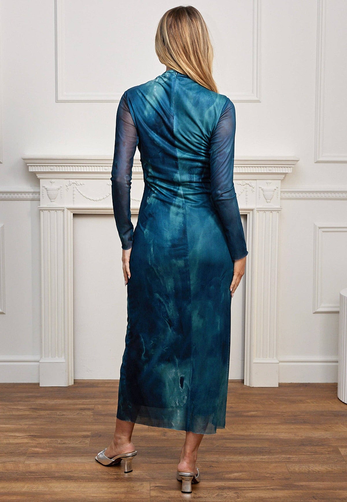 ANGELEYE - Mesh Long Sleeve Bodycon Midi Dress in Teal Watercolour: L