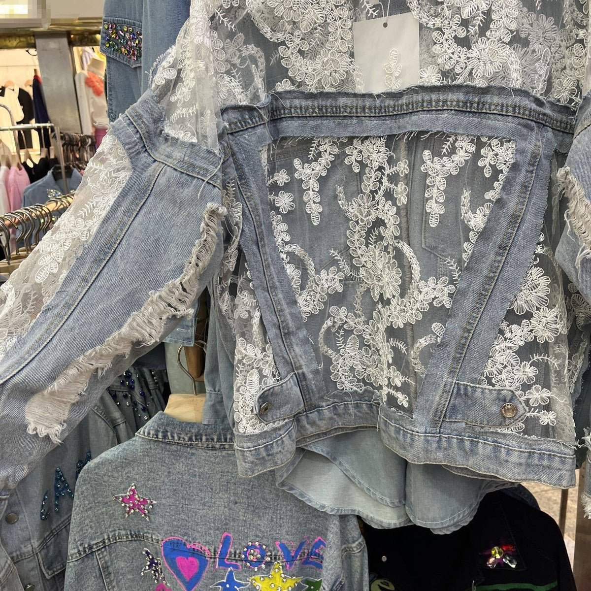 Rosa Clothing - Sheer Floral Lightweight Embroidered Lace Denim Jacket: Blue / M