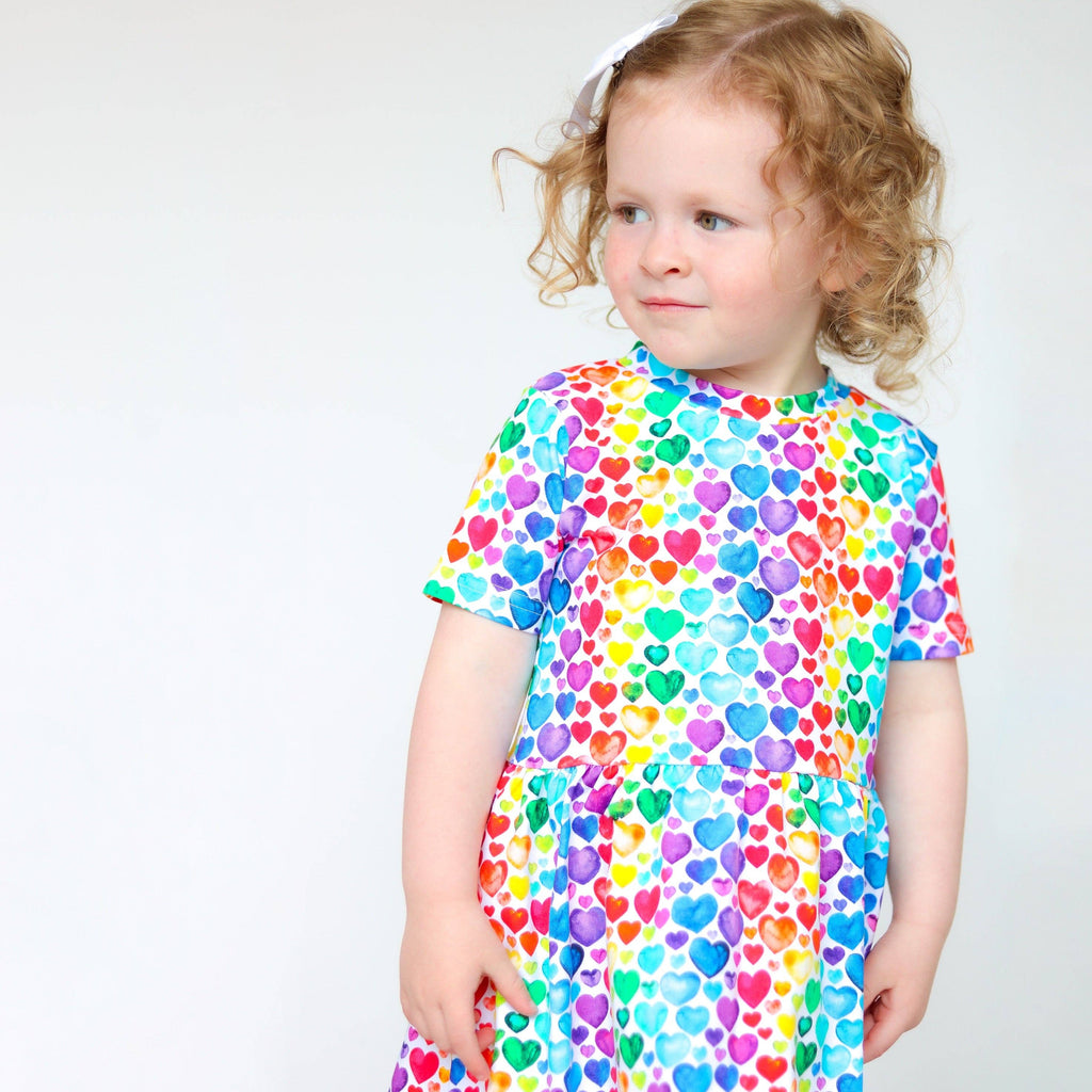 Girls Short Sleeve Cotton Dress -  Rainbow Hearts: 4-5 Y