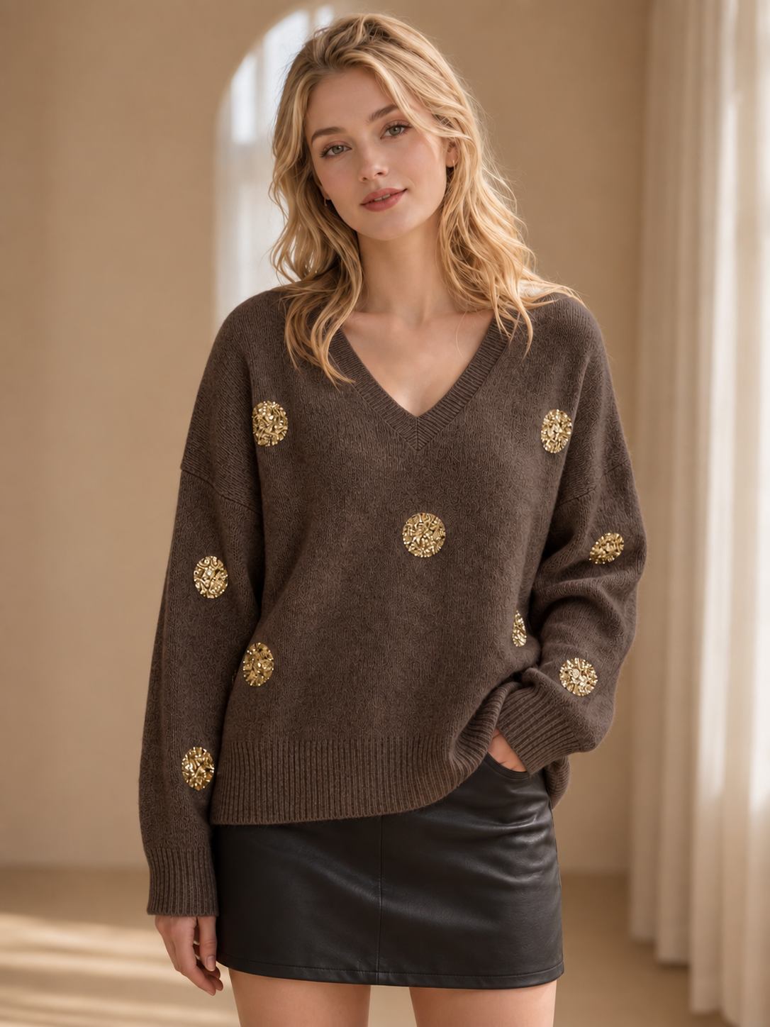 Lucy Sparks - Sequin Disc V-Neck Knitted Jumper: Beige