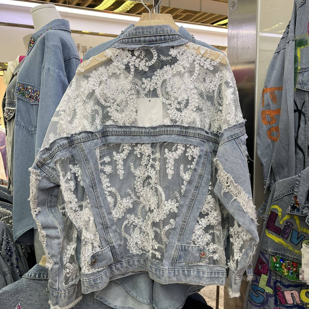 Rosa Clothing - Sheer Floral Lightweight Embroidered Lace Denim Jacket: Blue / L