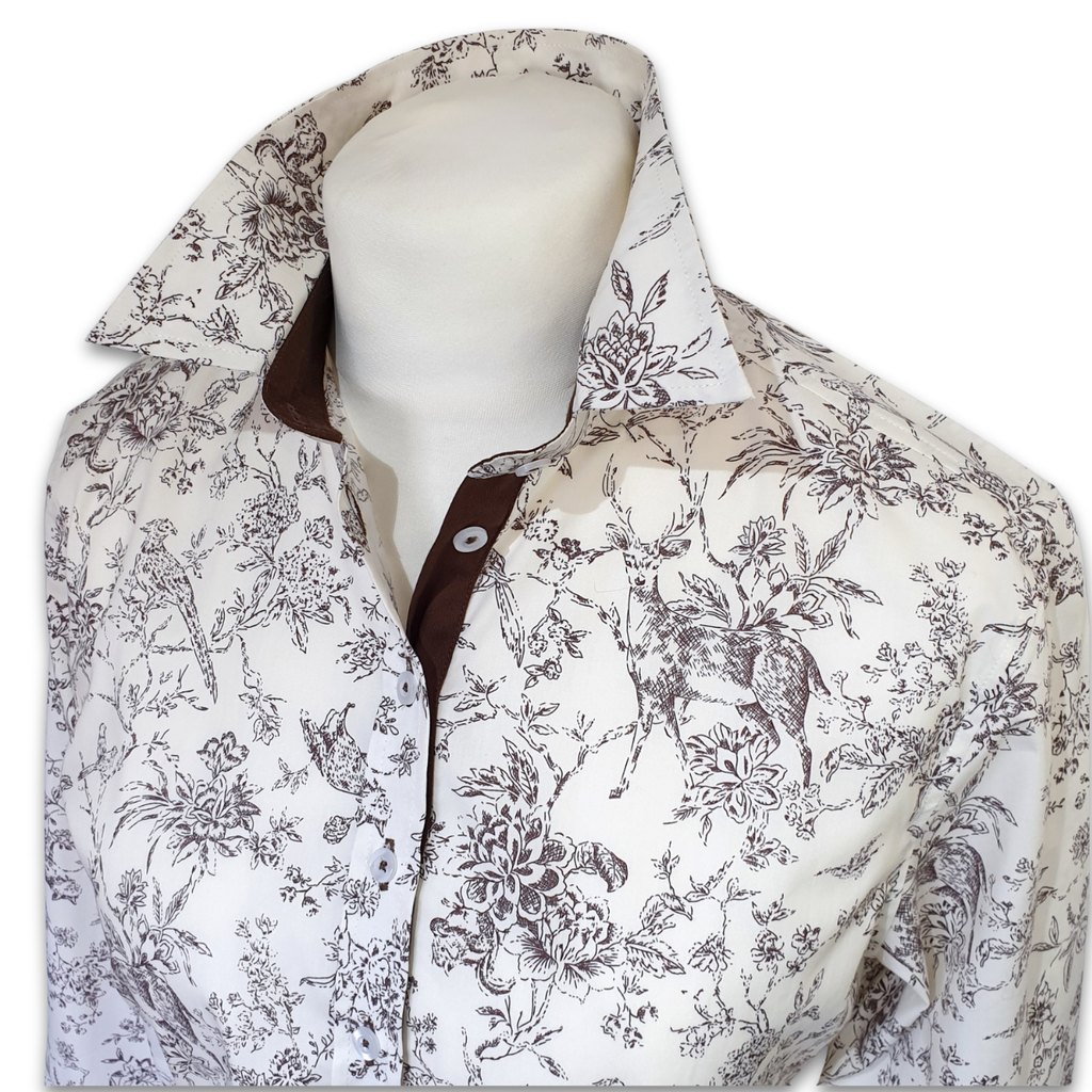 Salamander Shirts Ltd - Grenouille Brown Countryside Sketch Print Cotton Shirt: L