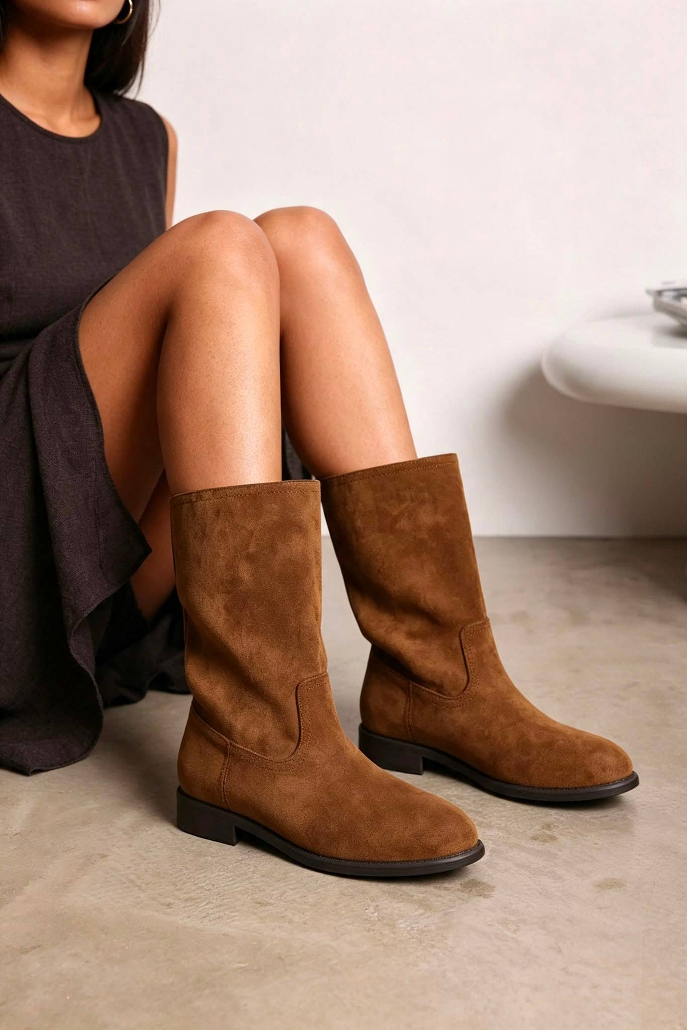 No Doubt Shoes - Designer Mid-Calf Suede Boots: KHAKI / STANDARD / UK5/US7