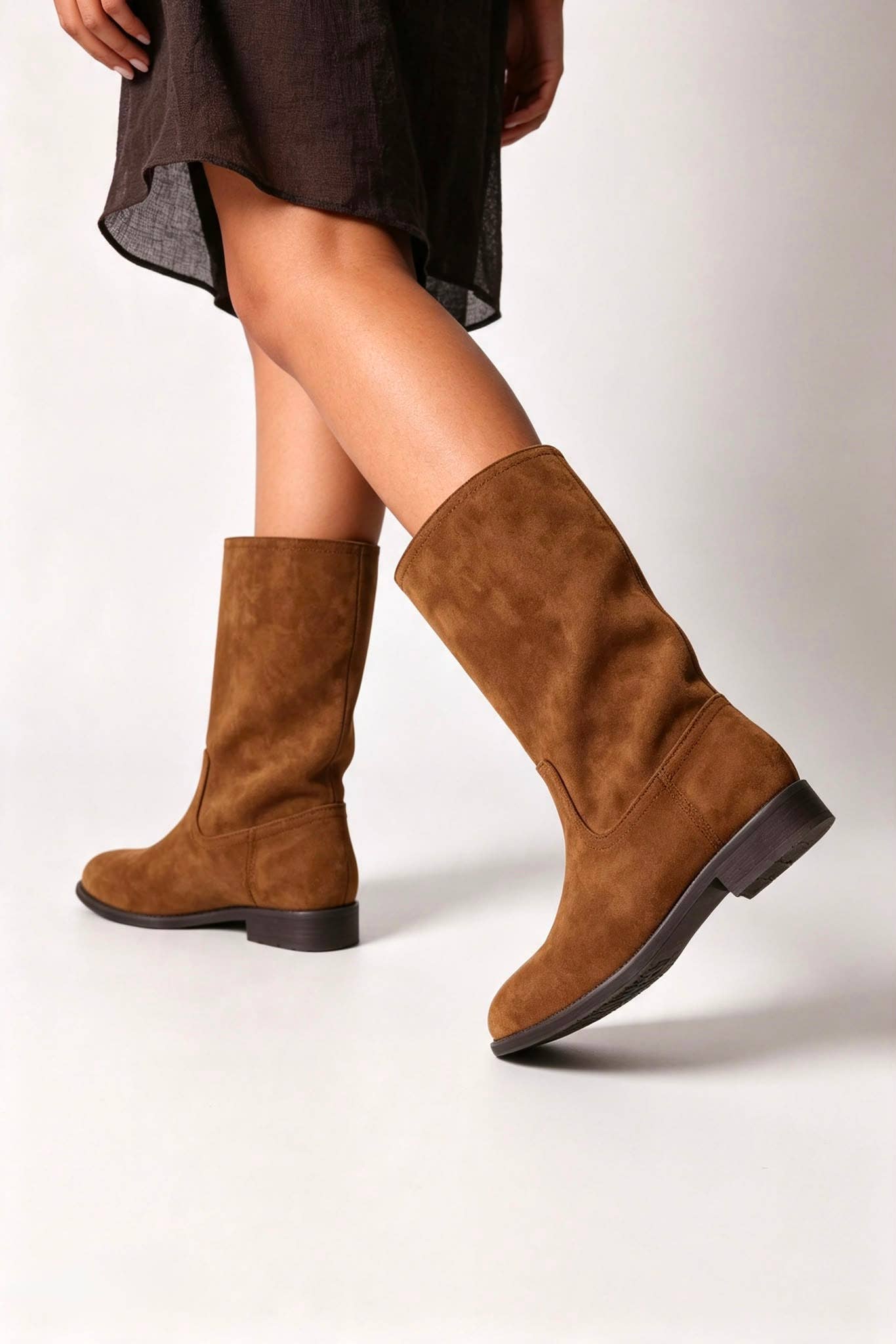 No Doubt Shoes - Designer Mid-Calf Suede Boots: KHAKI / STANDARD / UK8/US10