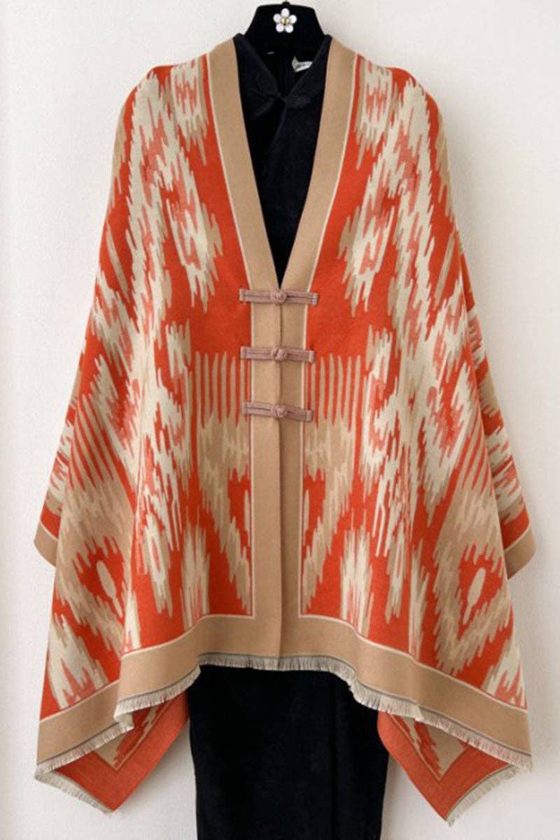 Mccolin - Print Toggle Front Cape Cardigan: BLUE / One Size