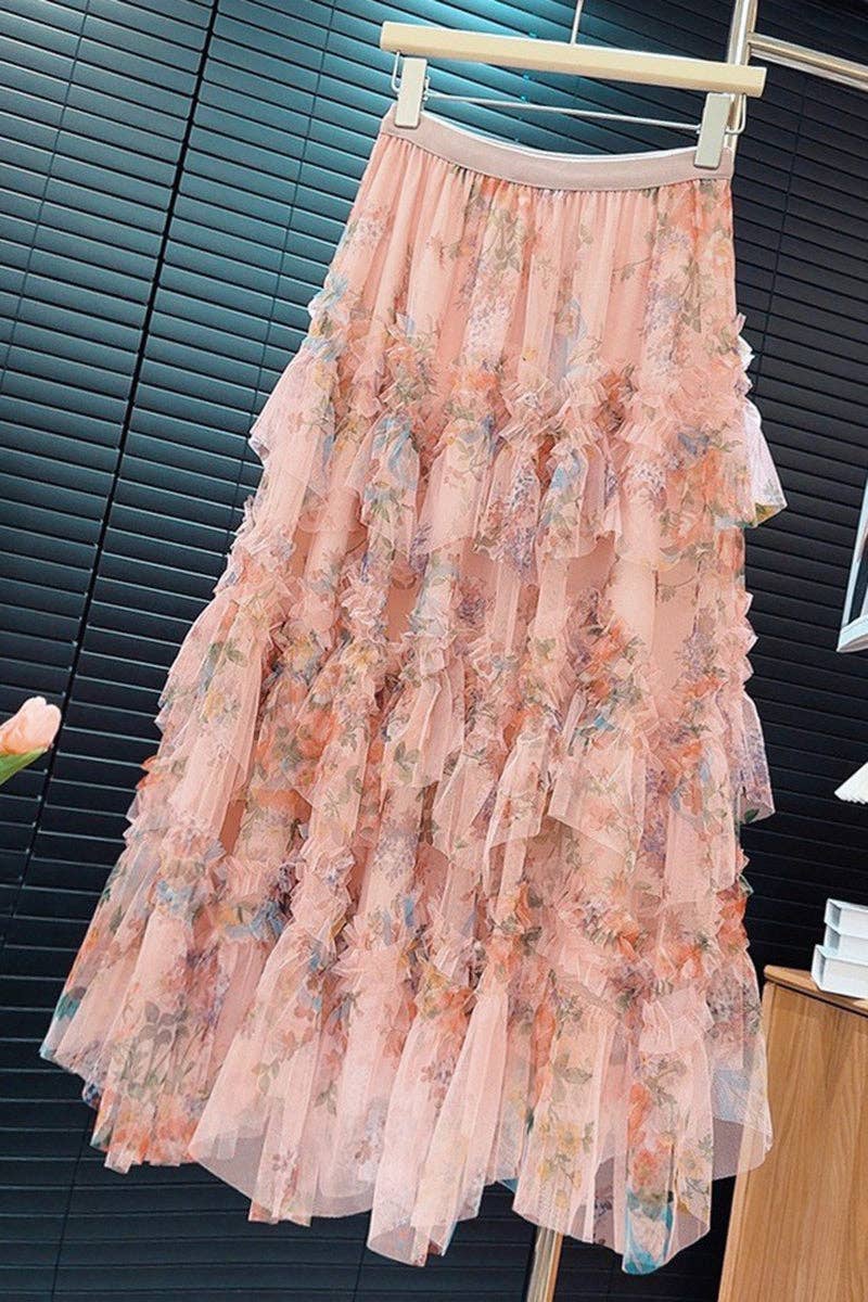 Mccolin - Tiered Floral Maxi Skirt: BLACK / One Size（90