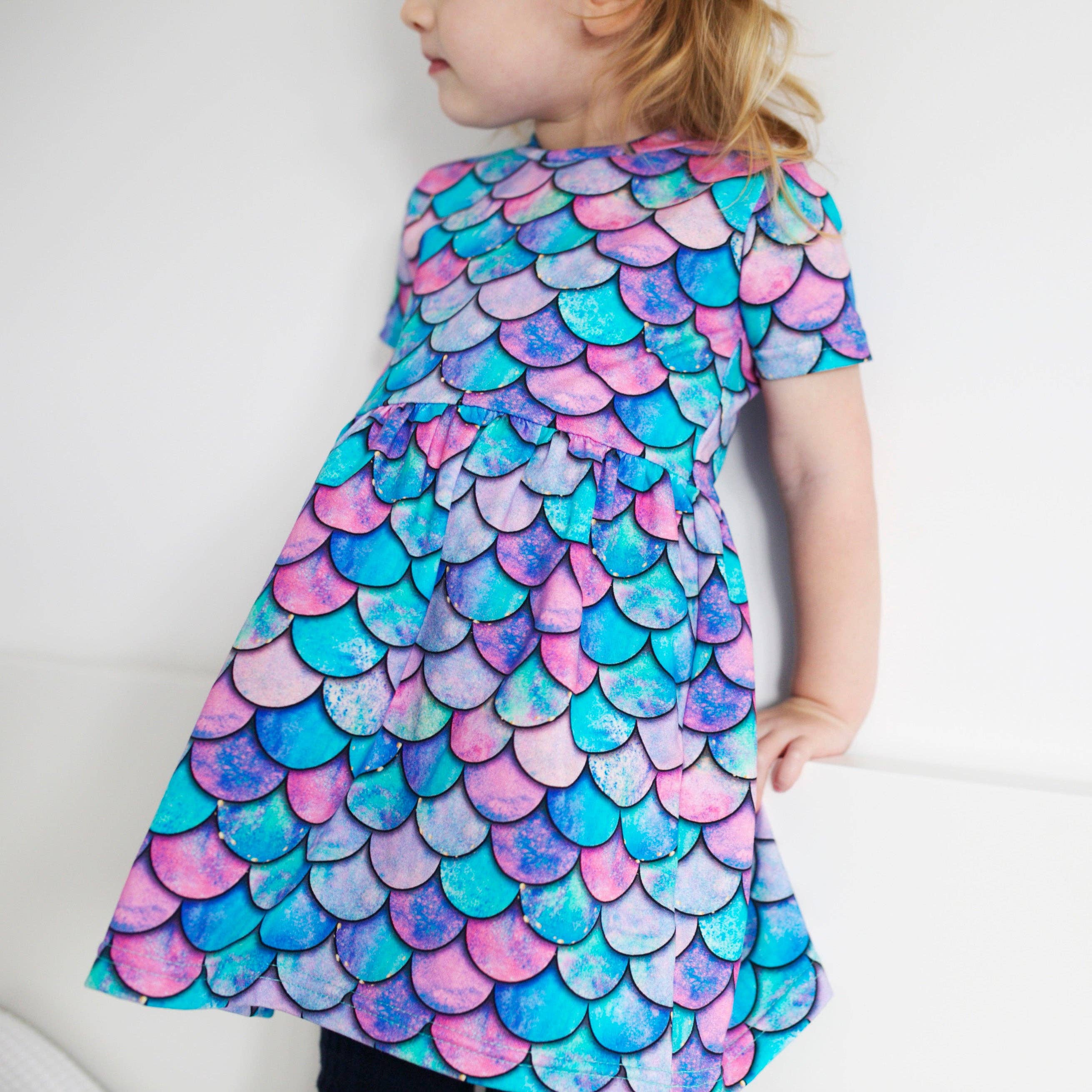 Girls Short Sleeve Cotton Dress - Mermaid Print: 2-3 Y