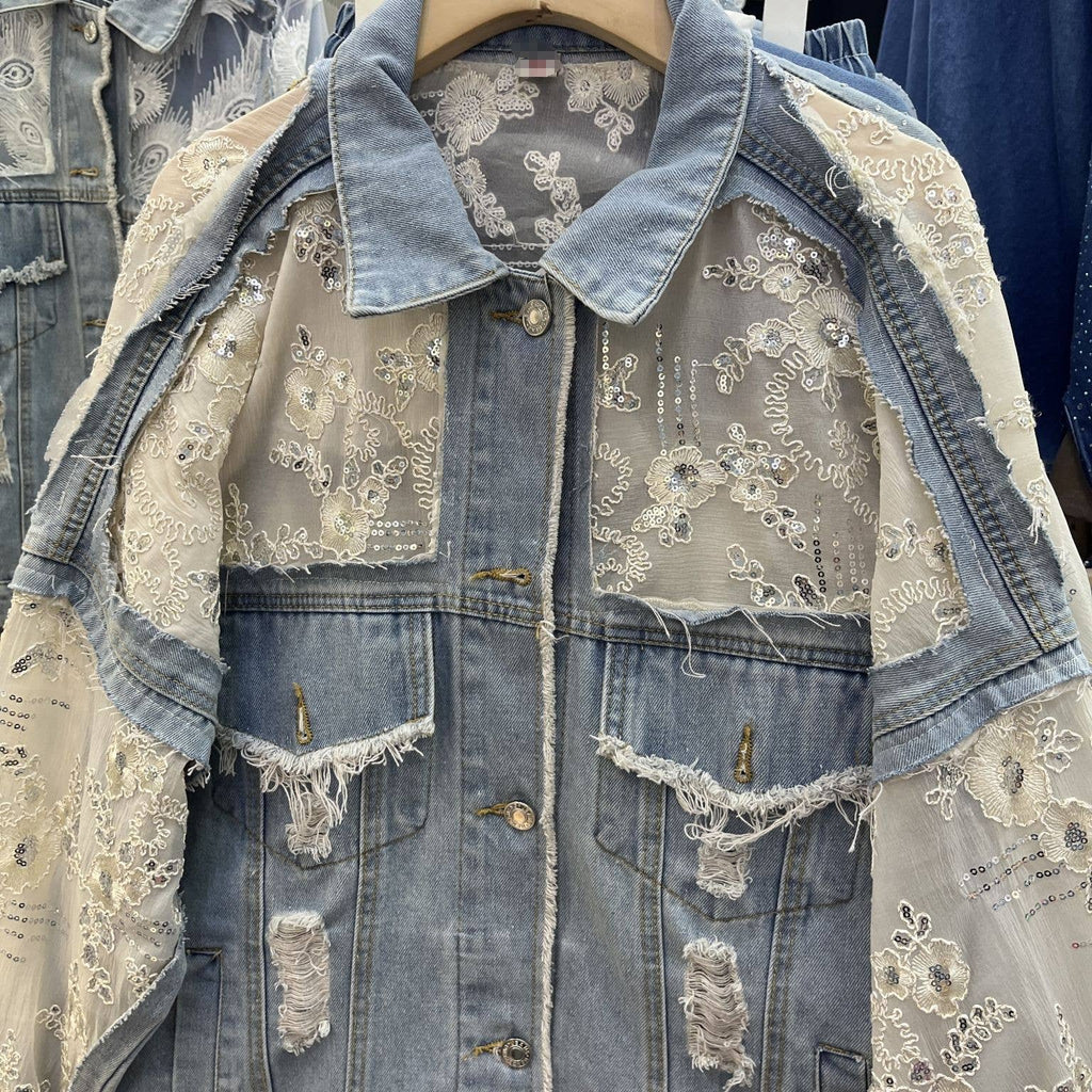 Rosa Clothing - Sheer Sequin Floral Embellished Oversized Denim Jacket: Blue / M