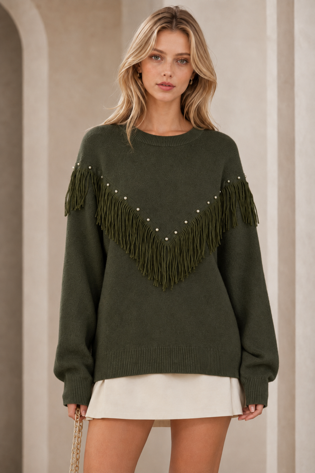 Lucy Sparks - Pearl & Fringe Detail Knit Jumper: White