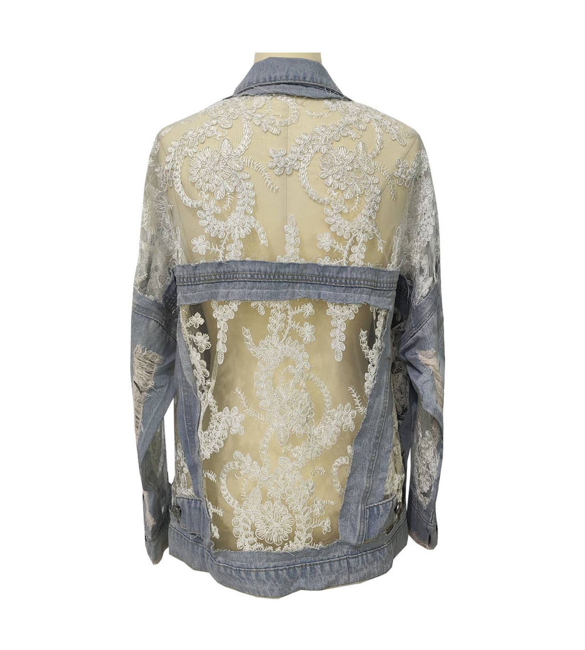Rosa Clothing - Sheer Floral Lightweight Embroidered Lace Denim Jacket: Blue / M