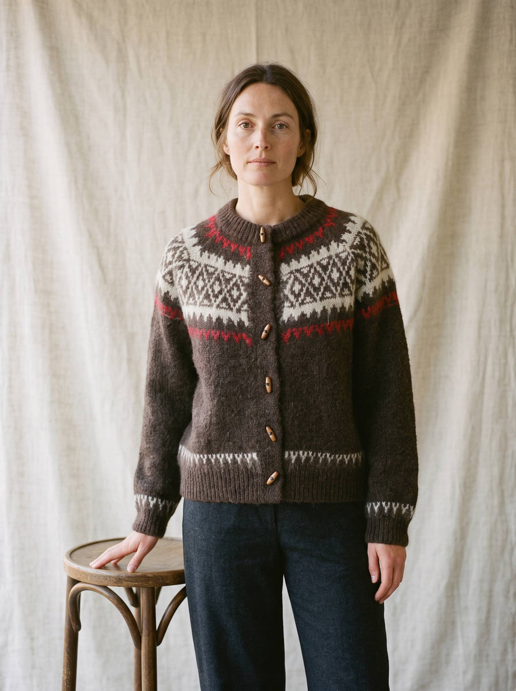 Artisans of Humanity - Cashmere Blend Fair Isle Toggle Cardigan | Chocolate Brown |