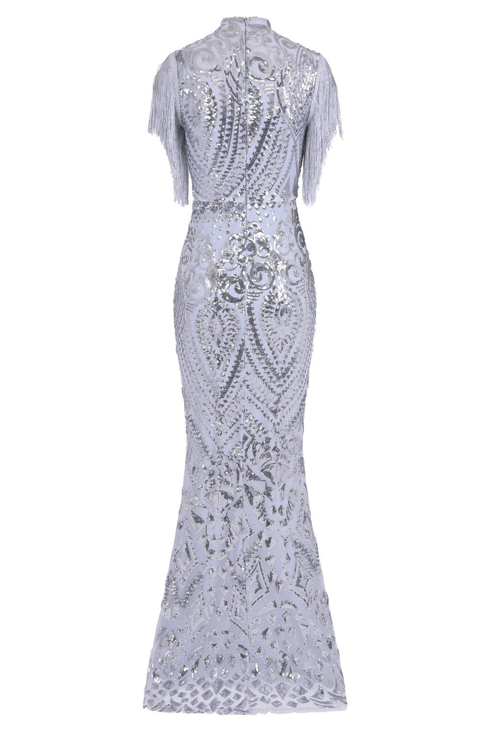 Nazz Collection Clothing Ltd - Magic Vip Silver Luxe Tassel Fringe Sequin Embellished Illusion Maxi Dress: 10