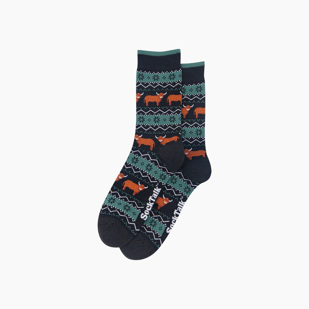 Sock Talk - Highland Cow Fair Isle Men's Bamboo Socks in Black/Green: UK 7-11 | EU 40.5-46 | US 8-12