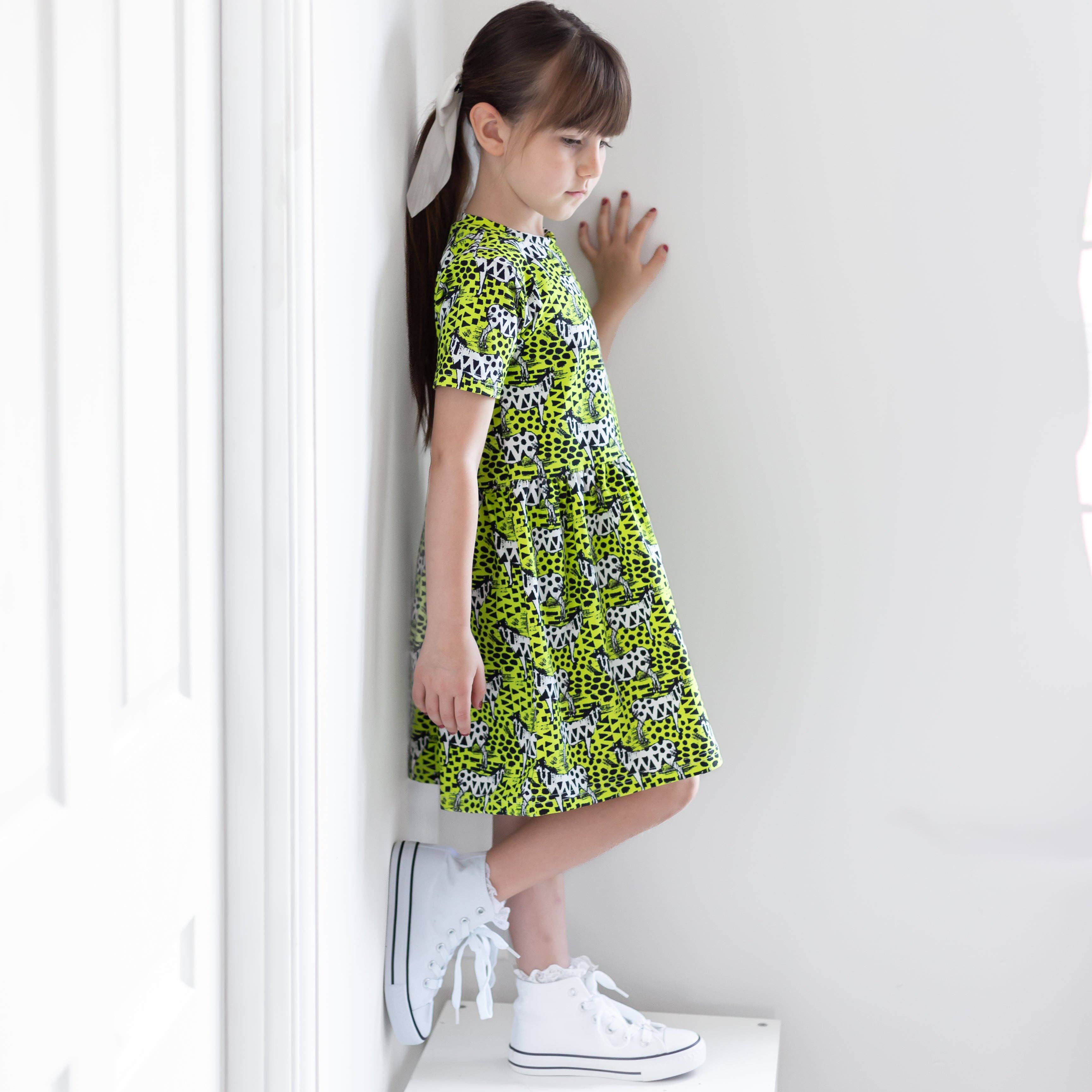 Girls Short Sleeve Cotton Dress - Neon Zebra print: 4-5 Y