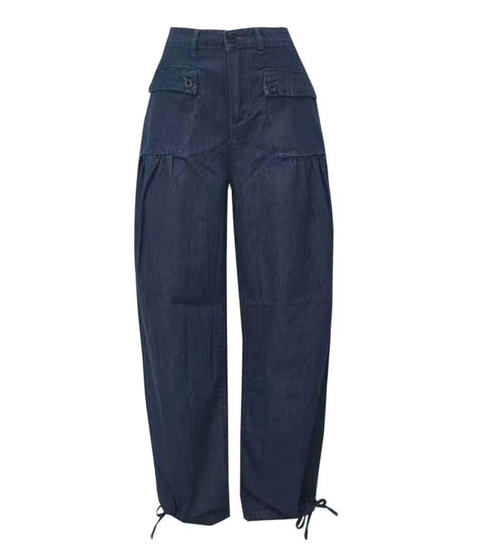 Rosa Clothing - Vintage wash cinch-tie banded ankle Balloon Jeans: DarkBlue / XL