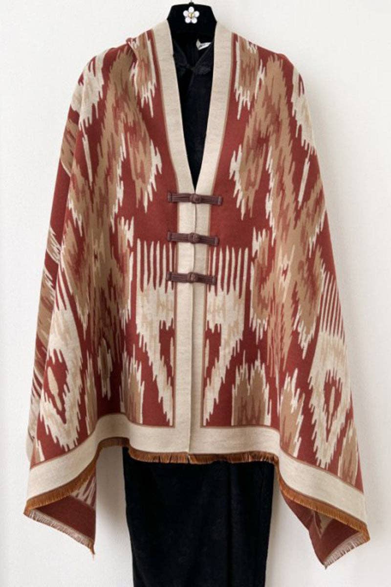 Mccolin - Print Toggle Front Cape Cardigan: BLUE / One Size