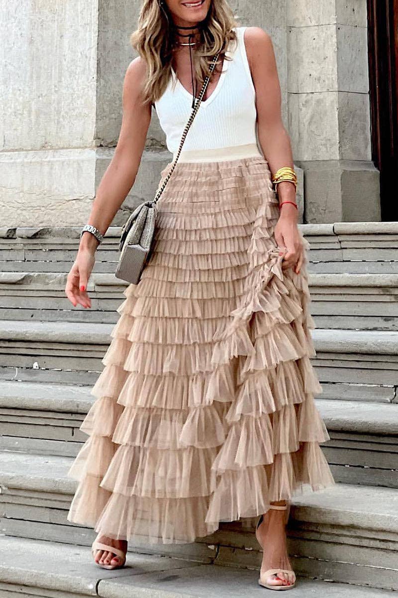 Mccolin - Layered Ruffle Maxi Skirt: KHAKI / S