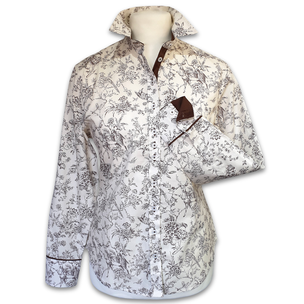 Salamander Shirts Ltd - Grenouille Brown Countryside Sketch Print Cotton Shirt: L