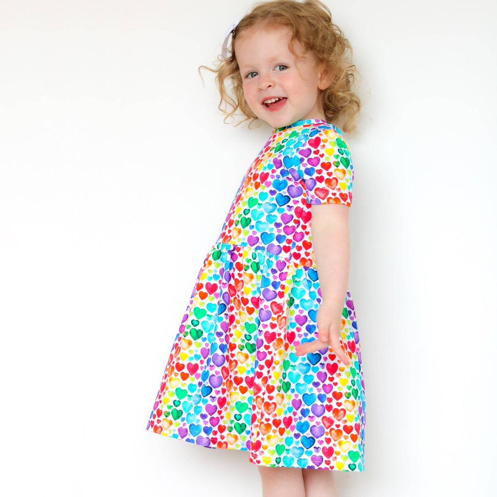 Girls Short Sleeve Cotton Dress -  Rainbow Hearts: 2-3 Y