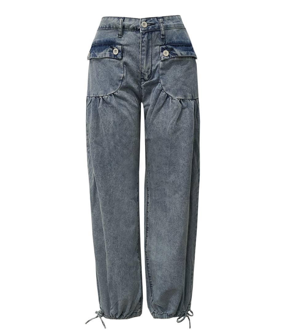 Rosa Clothing - Vintage wash cinch-tie banded ankle Balloon Jeans: DarkBlue / M