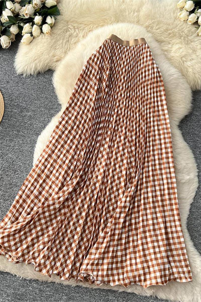 Mccolin - Checkered Flowing Maxi Skirt: COFFEE / One Size