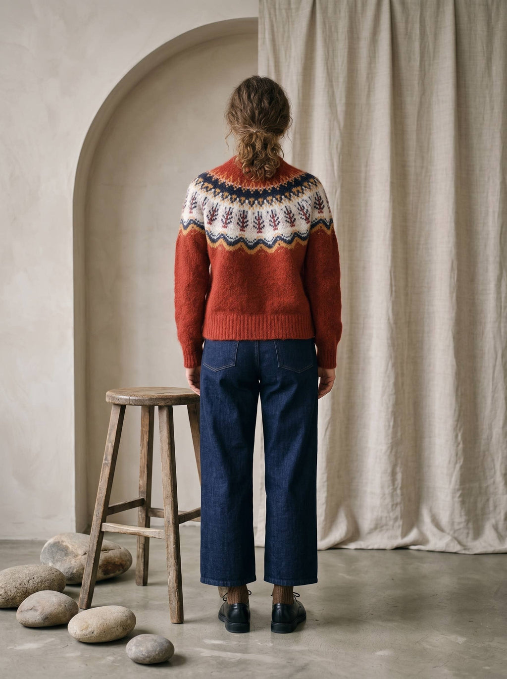 Artisans of Humanity - Cashmere Blend Nordic Fair Isle Yoke Jumper | Rust Red