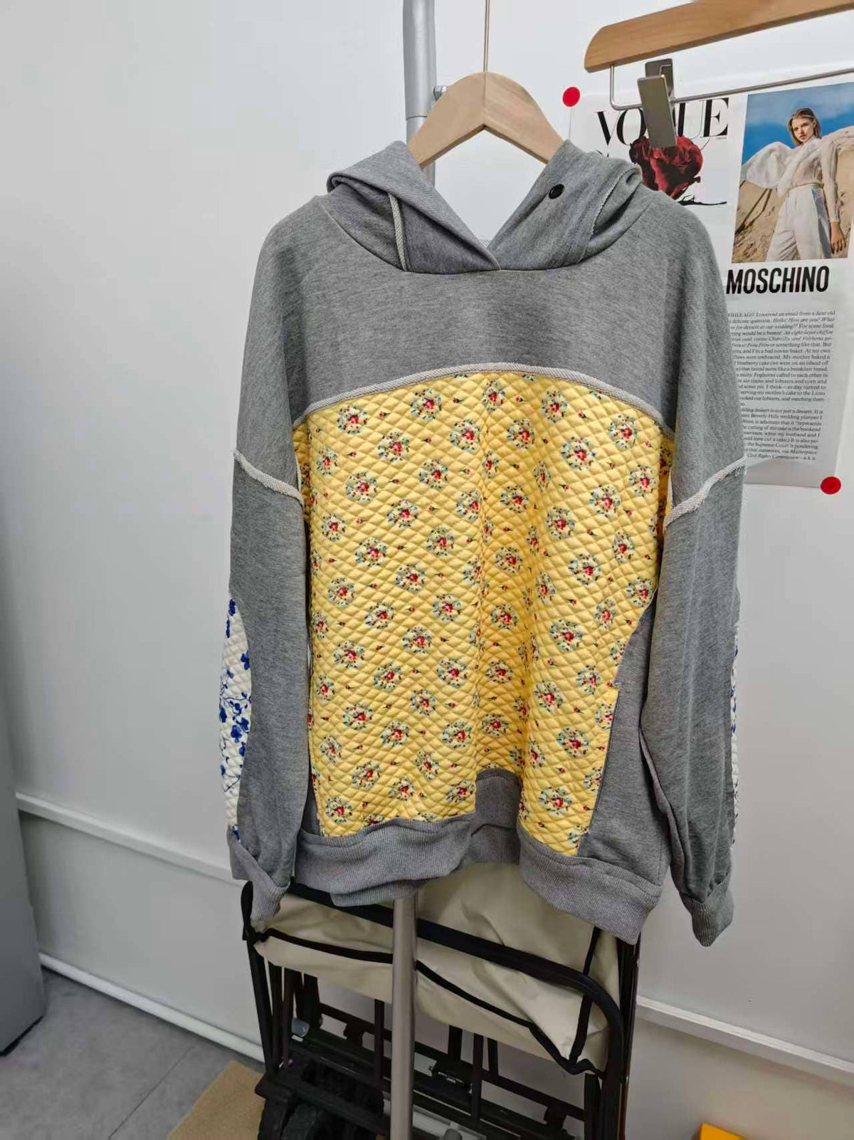 Mccolin - Patchwork Quilted Hoodie Sweatshirt: GREY / M