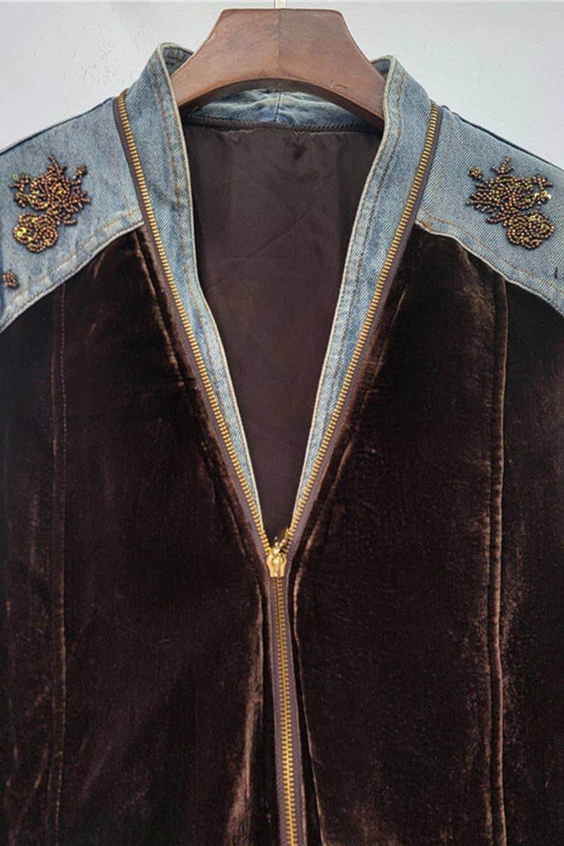Mccolin - Embellished Denim Patch Velvet Jacket: COFFEE / One Size