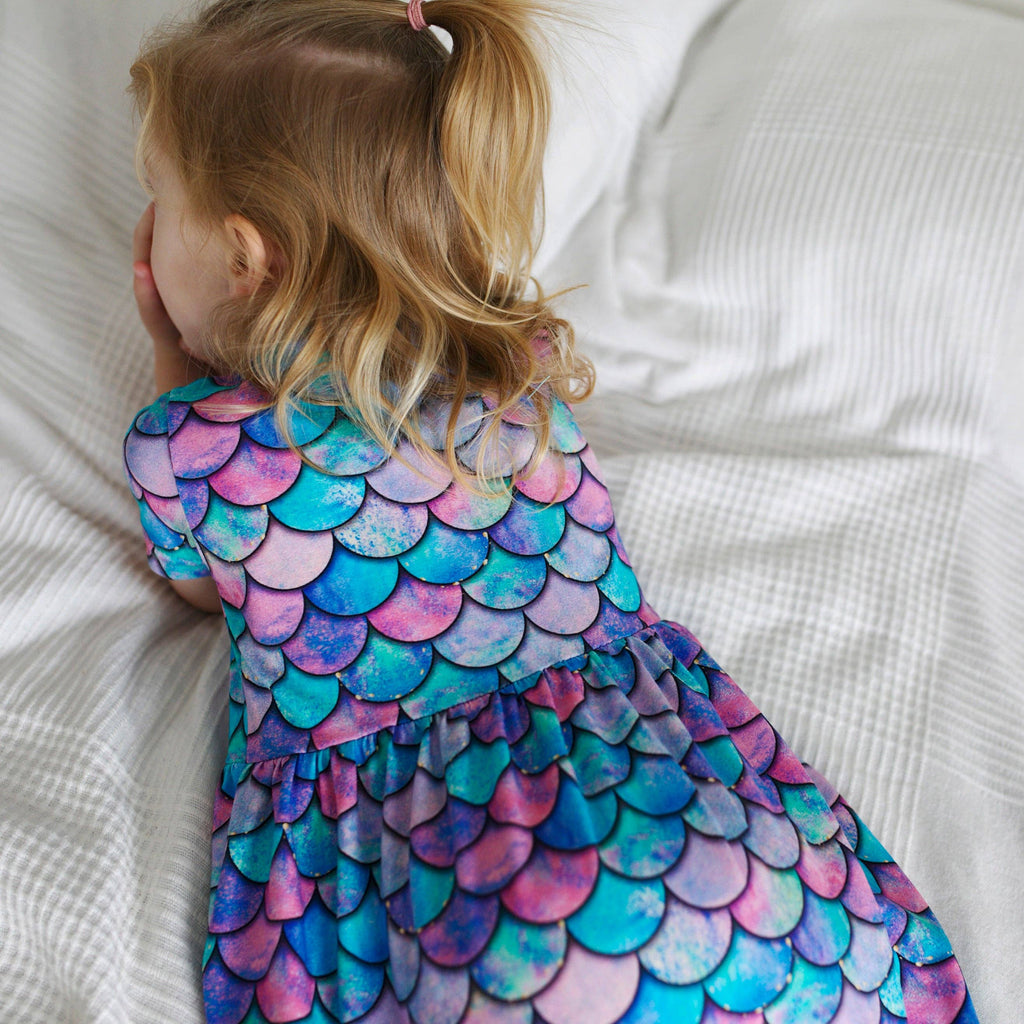 Girls Short Sleeve Cotton Dress - Mermaid Print: 6-7 Y