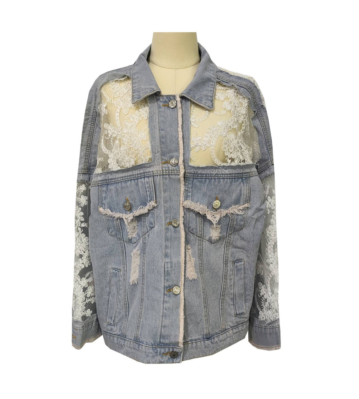 Rosa Clothing - Sheer Floral Lightweight Embroidered Lace Denim Jacket: Blue / M