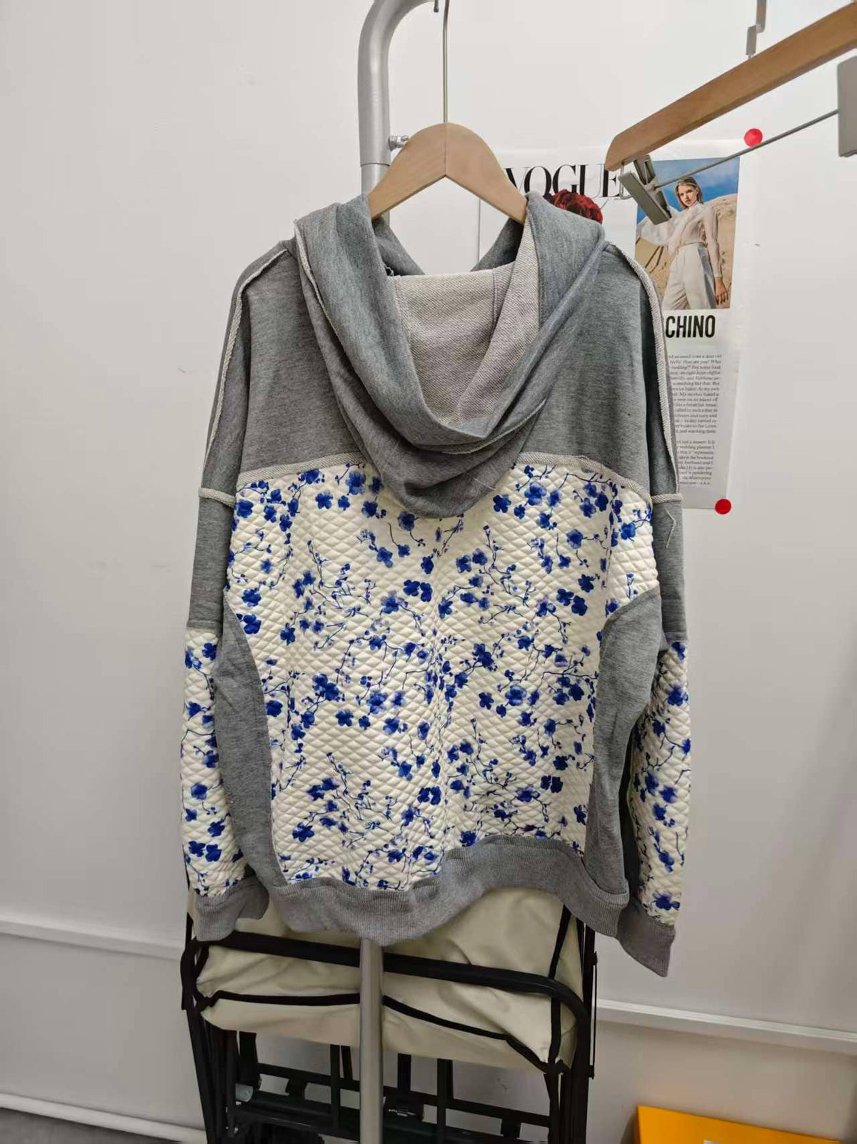 Mccolin - Patchwork Quilted Hoodie Sweatshirt: GREY / L