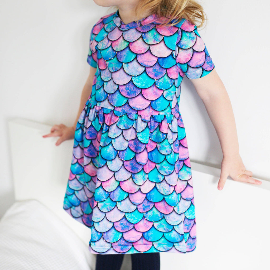 Girls Short Sleeve Cotton Dress - Mermaid Print: 4-5 Y
