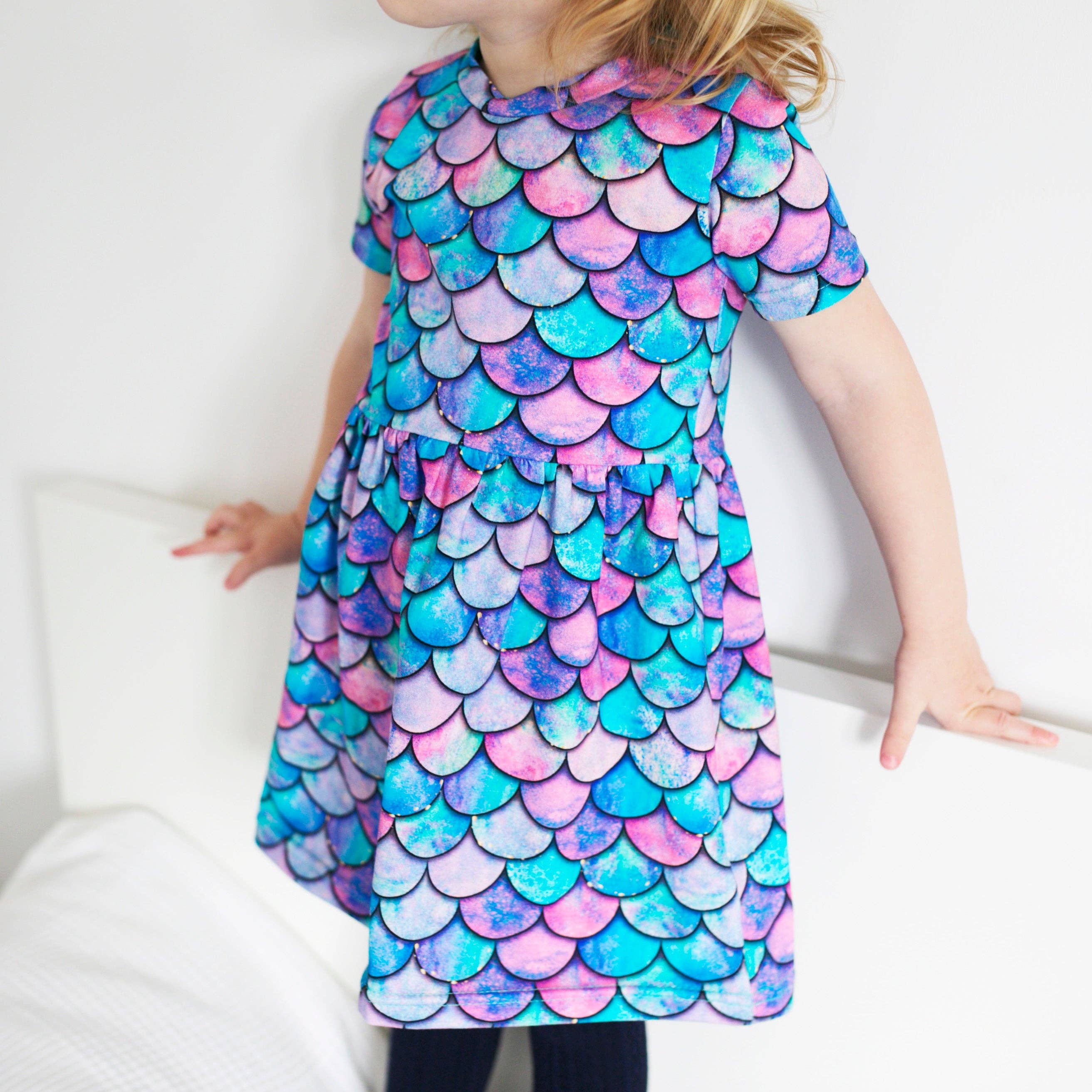 Girls Short Sleeve Cotton Dress - Mermaid Print: 4-5 Y