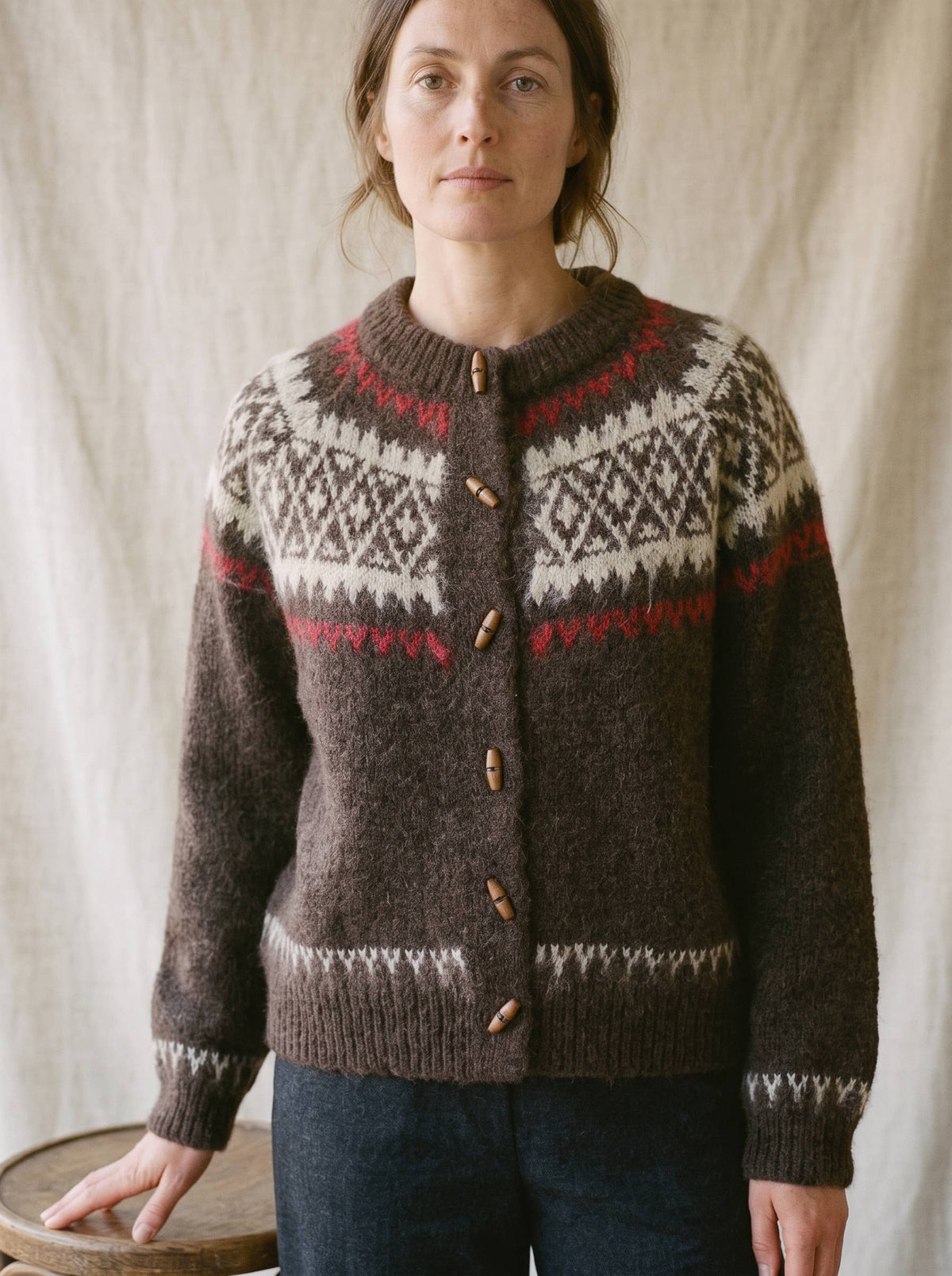 Artisans of Humanity - Cashmere Blend Fair Isle Toggle Cardigan | Chocolate Brown |
