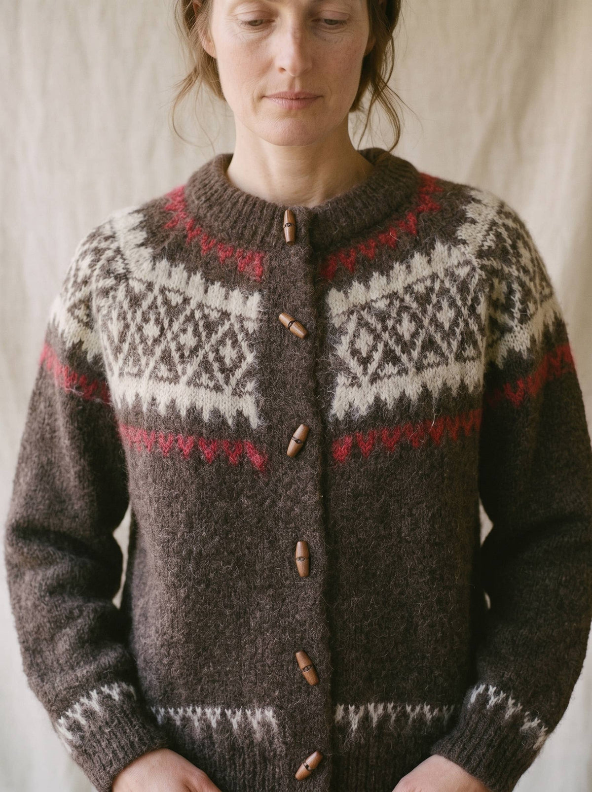 Artisans of Humanity - Cashmere Blend Fair Isle Toggle Cardigan | Chocolate Brown |