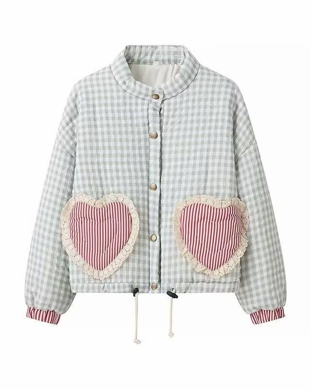 Rosa Clothing - Vintage Gingham Jacket with Heart Pockets and Lace Trim: Red / S