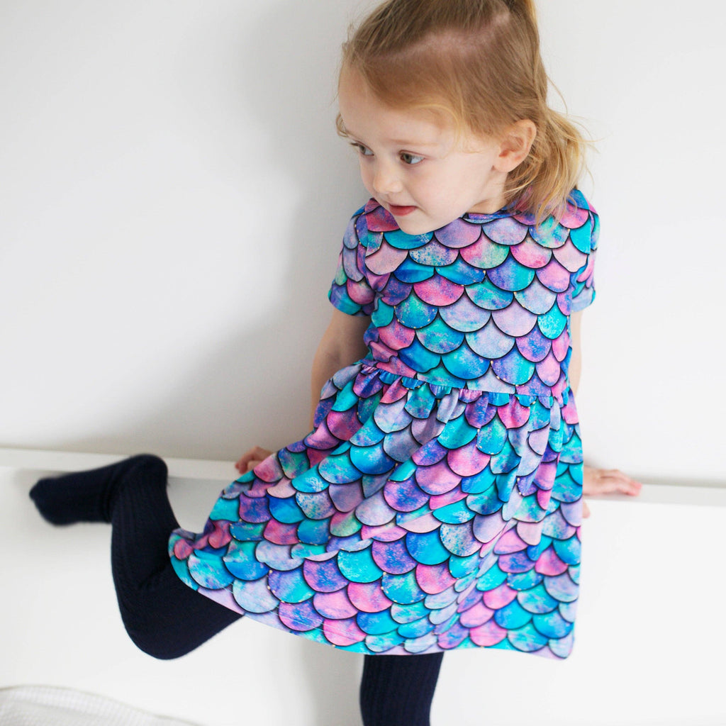 Girls Short Sleeve Cotton Dress - Mermaid Print: 6-7 Y