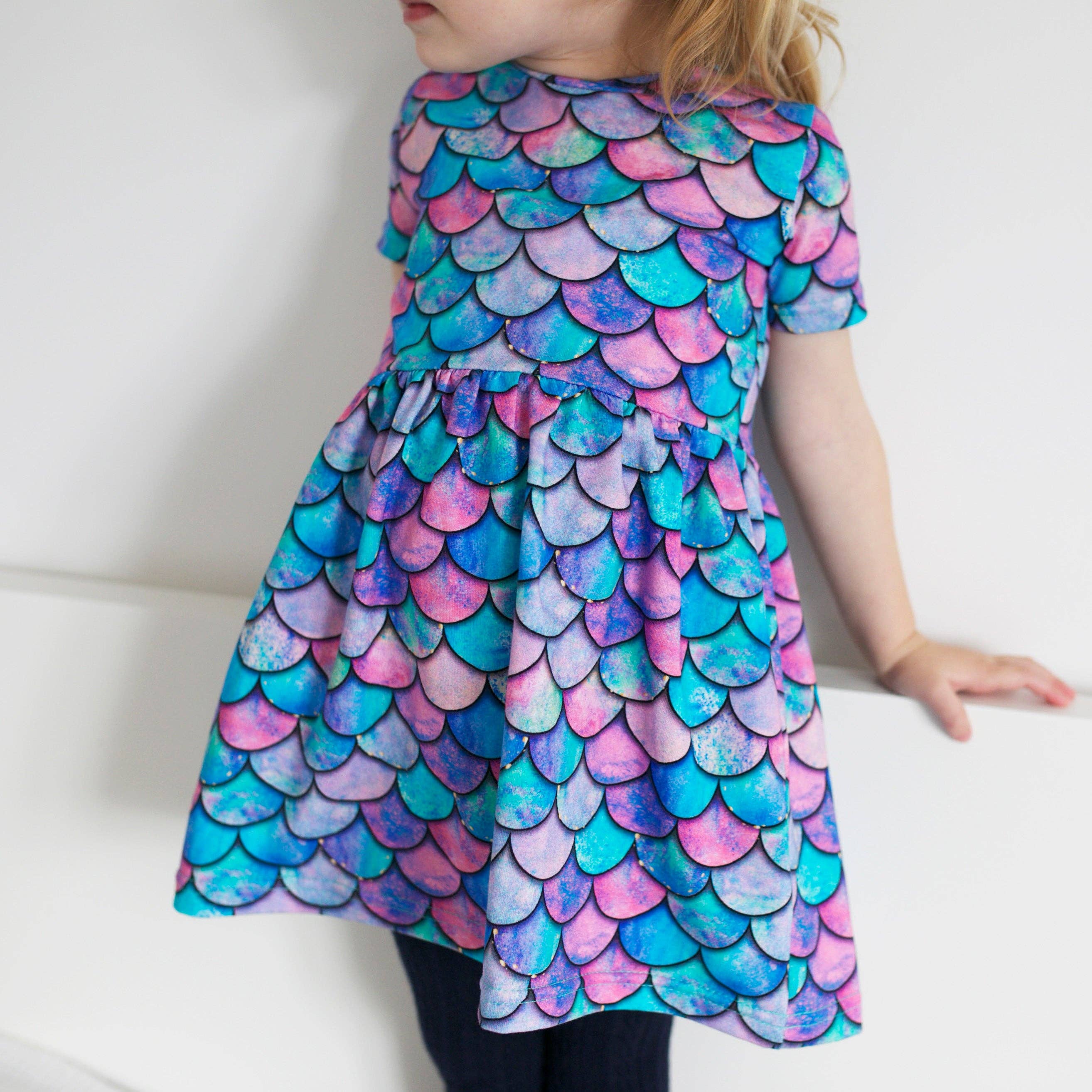 Girls Short Sleeve Cotton Dress - Mermaid Print: 4-5 Y