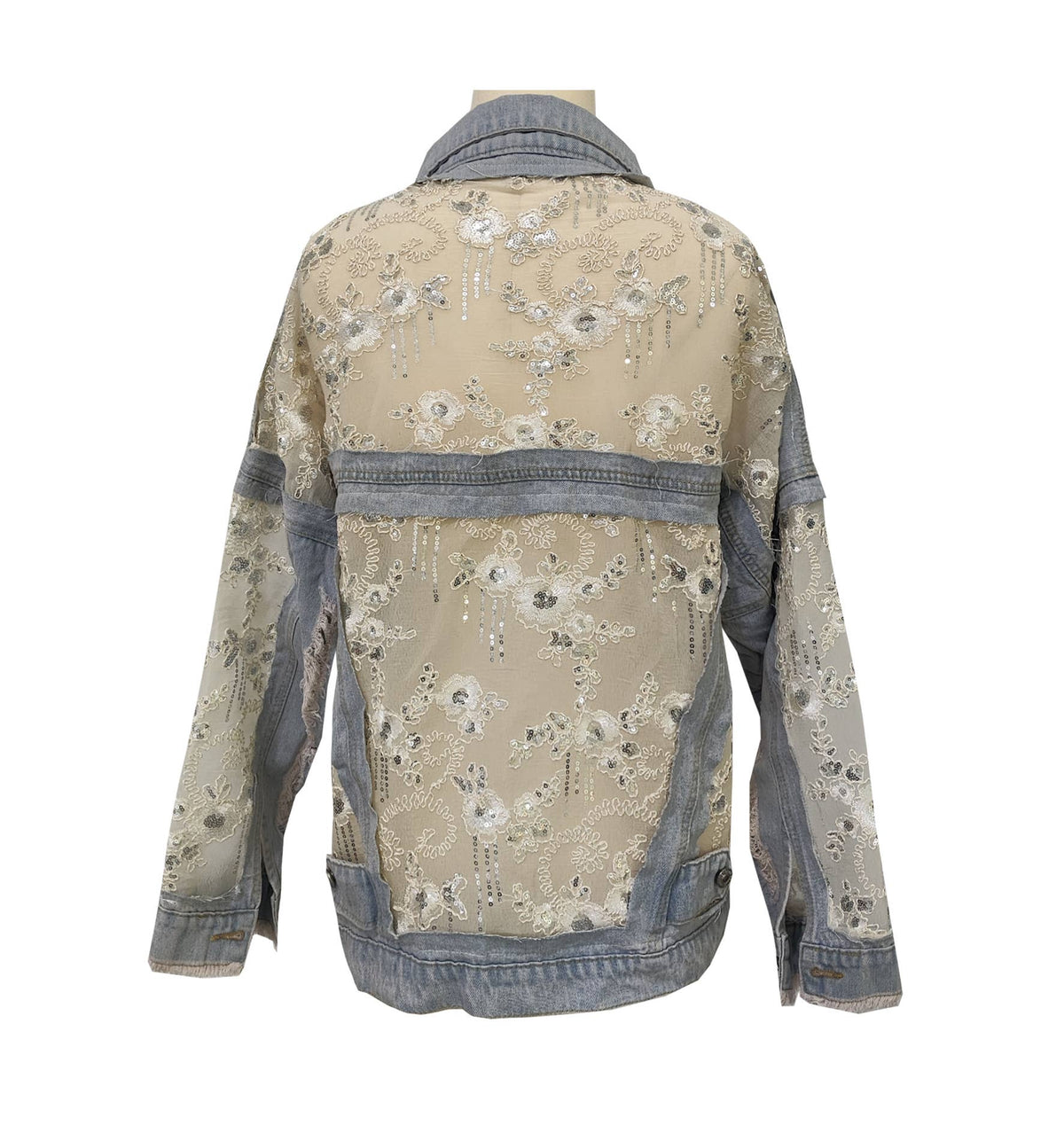 Rosa Clothing - Sheer Sequin Floral Embellished Oversized Denim Jacket: Blue / L