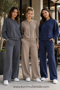Kurt Muller - Two Piece Scuba Wide Leg Cotton Lounge Set: Charcoal grey