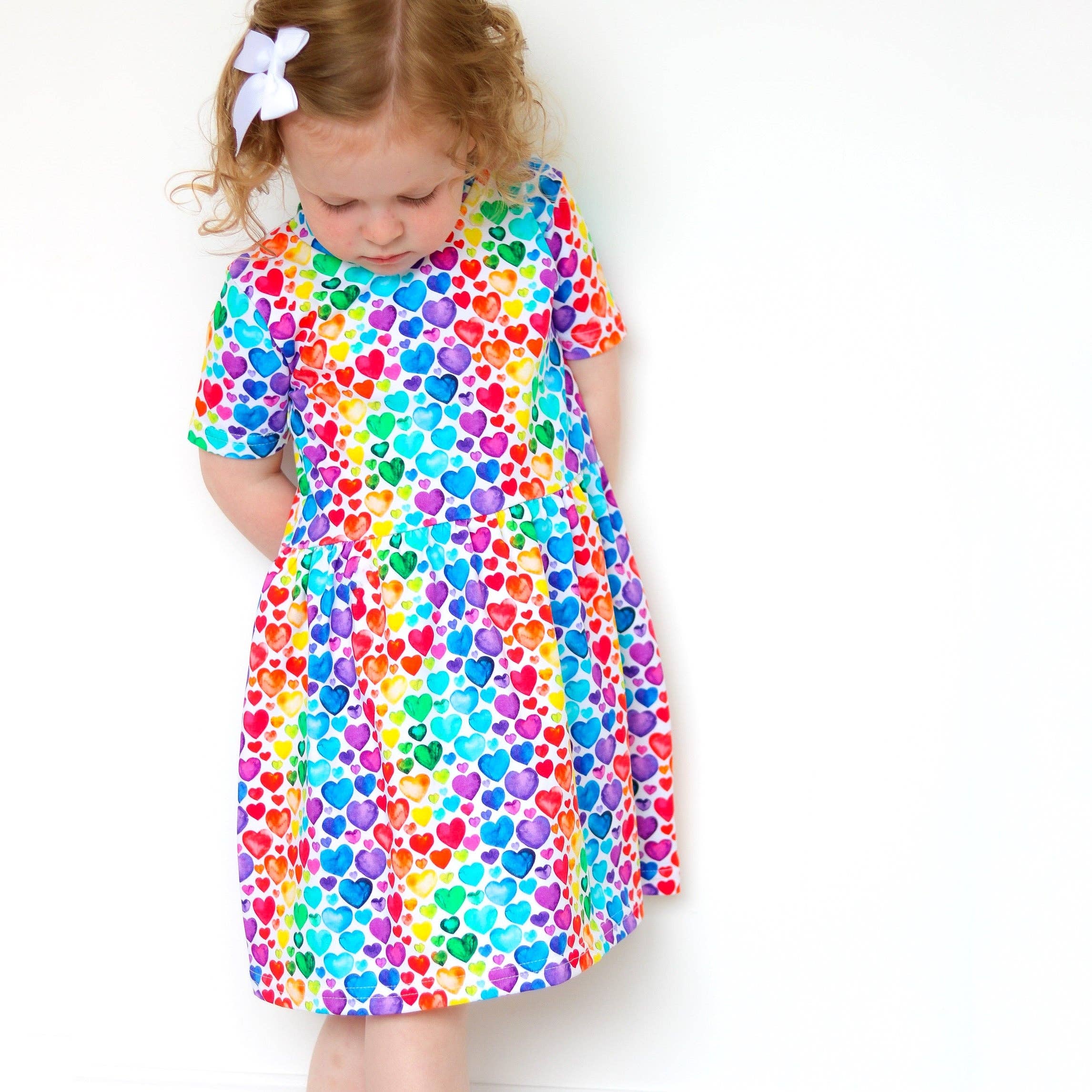 Girls Short Sleeve Cotton Dress -  Rainbow Hearts: 2-3 Y