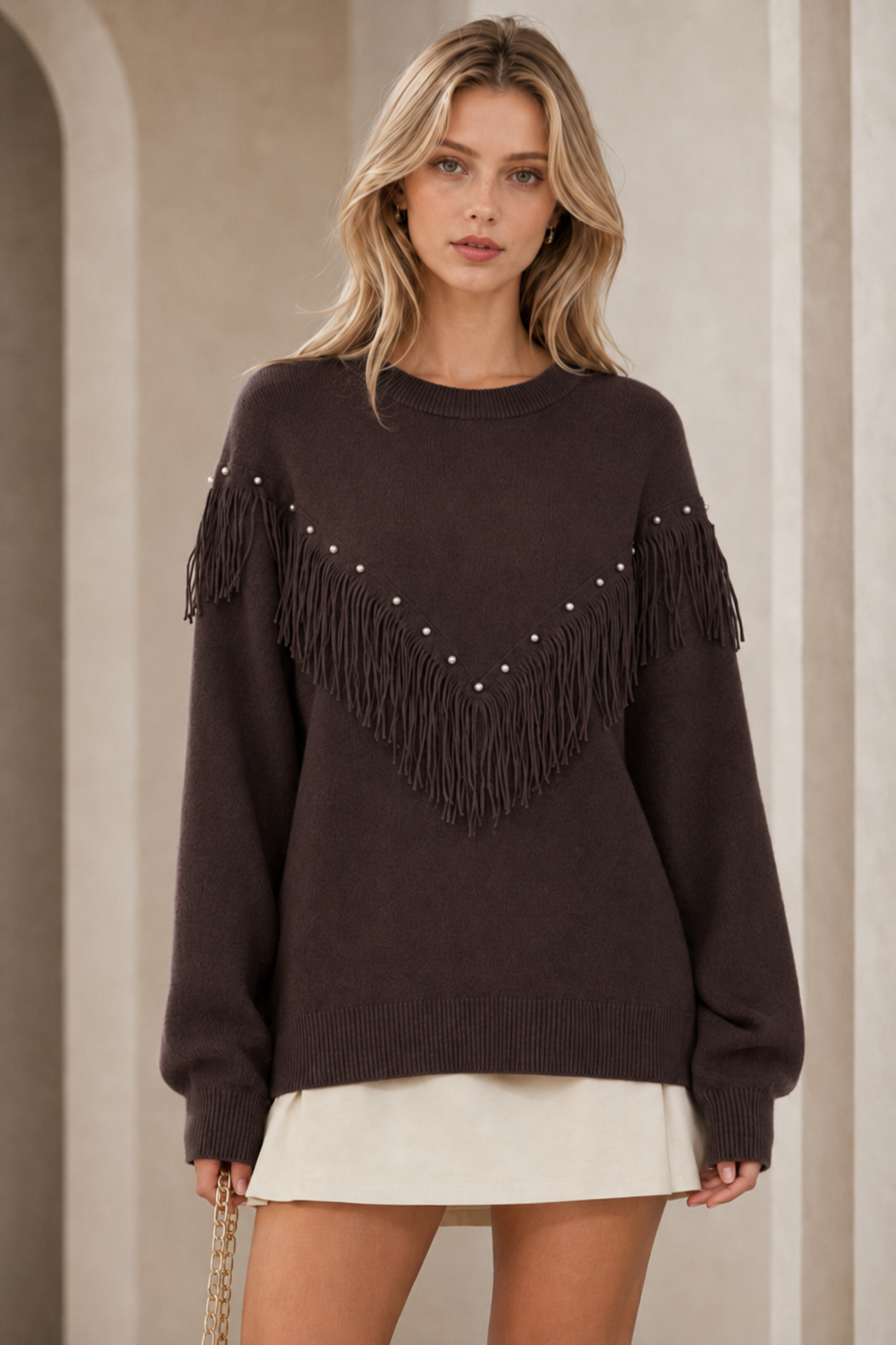 Lucy Sparks - Pearl & Fringe Detail Knit Jumper: White