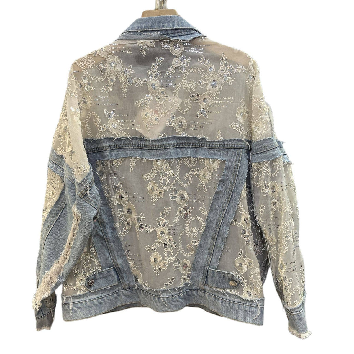 Rosa Clothing - Sheer Sequin Floral Embellished Oversized Denim Jacket: Blue / M