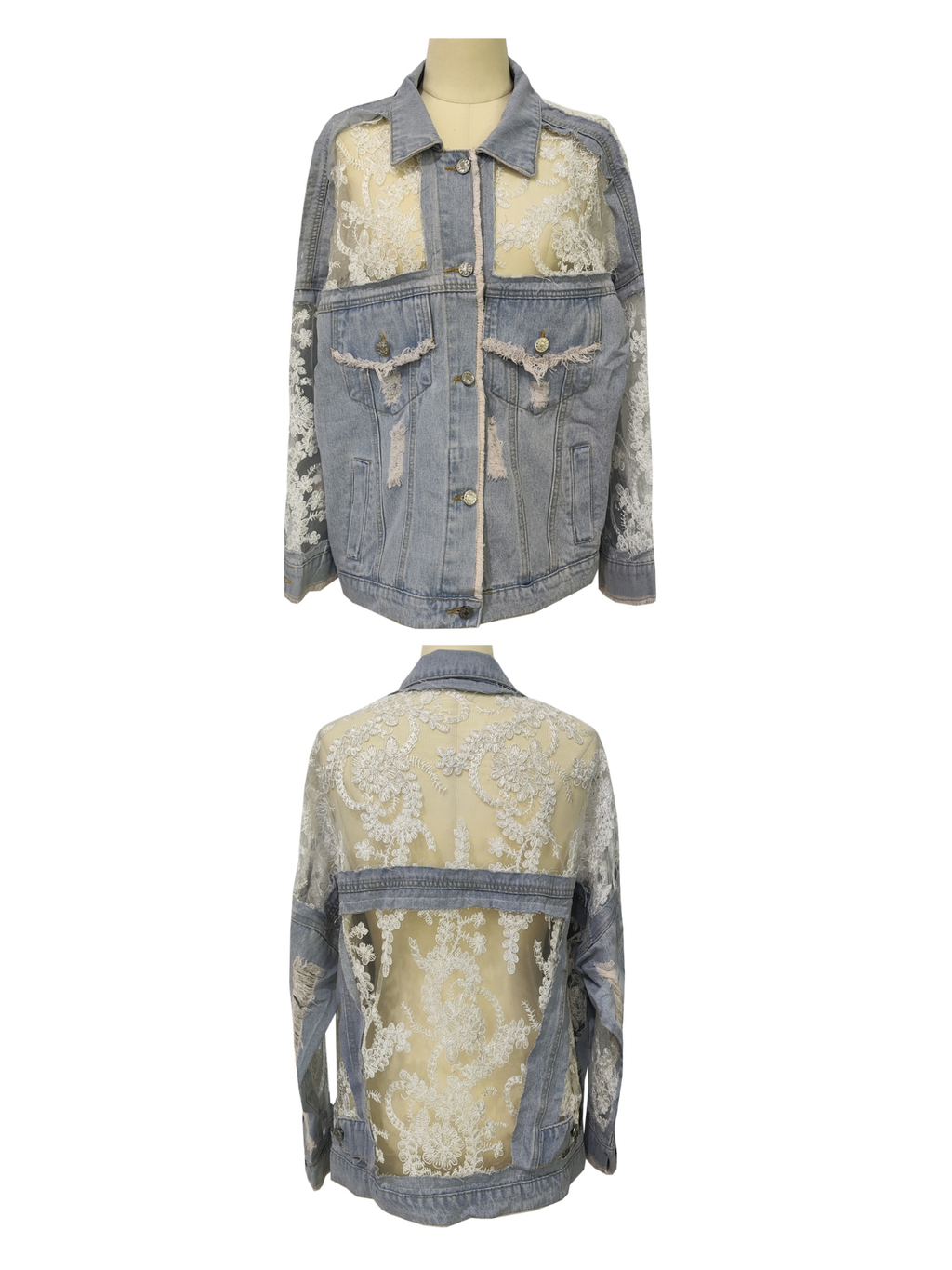 Rosa Clothing - Sheer Floral Lightweight Embroidered Lace Denim Jacket: Blue / M