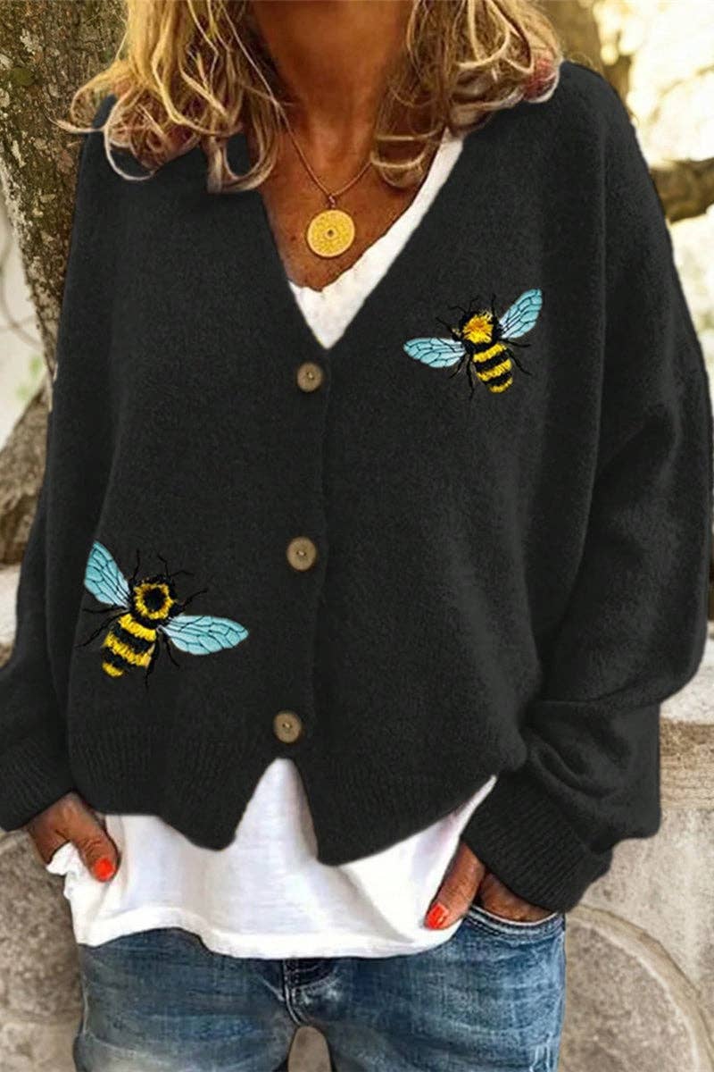 Mccolin - Bee Embellished Button-Up Cardigan: BLACK / L