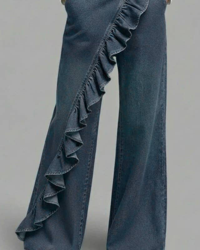 Rosa Clothing - Vintage Asymmetrical Ruffle Detail Wide Leg Jeans: Black / XXL
