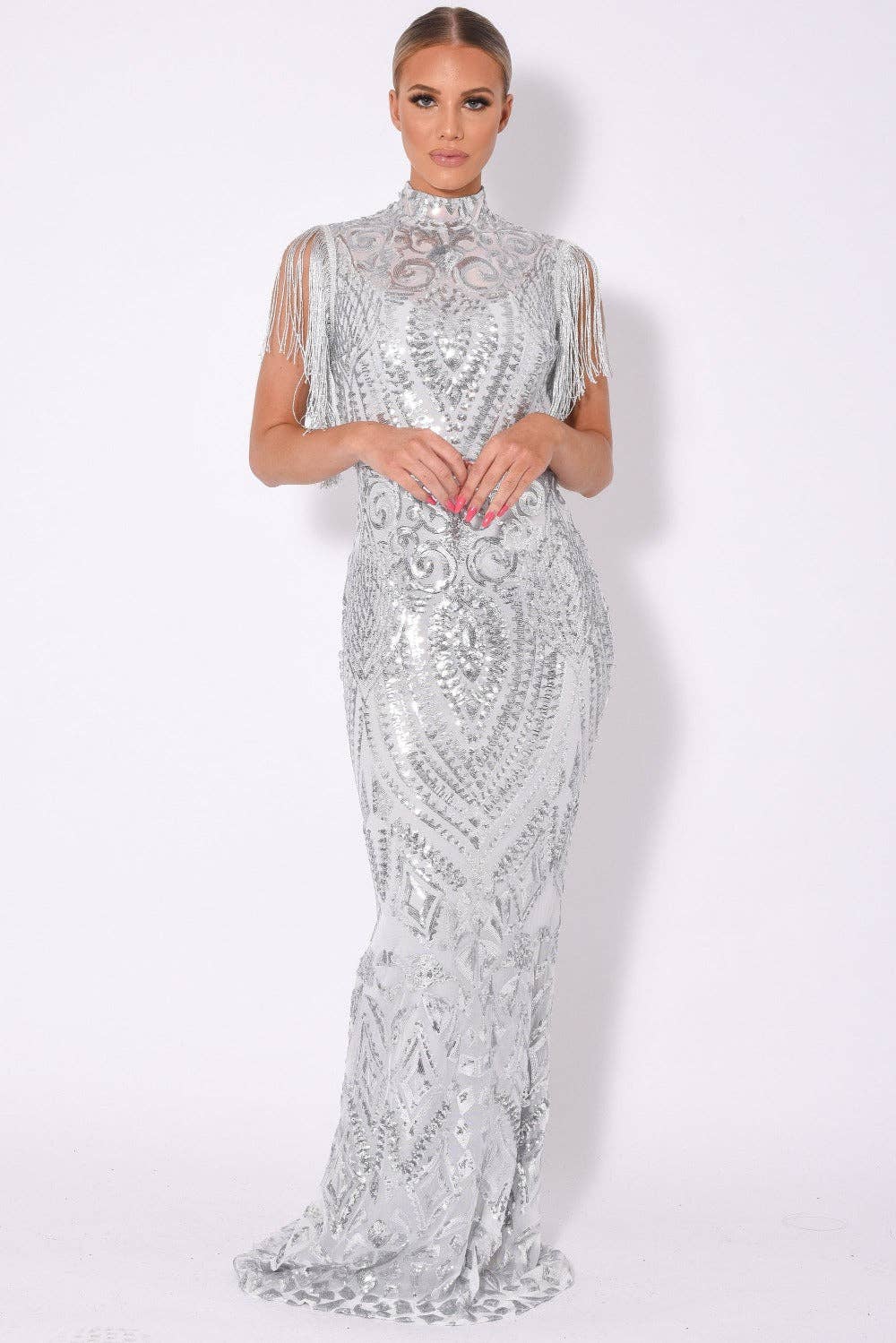Nazz Collection Clothing Ltd - Magic Vip Silver Luxe Tassel Fringe Sequin Embellished Illusion Maxi Dress: 10